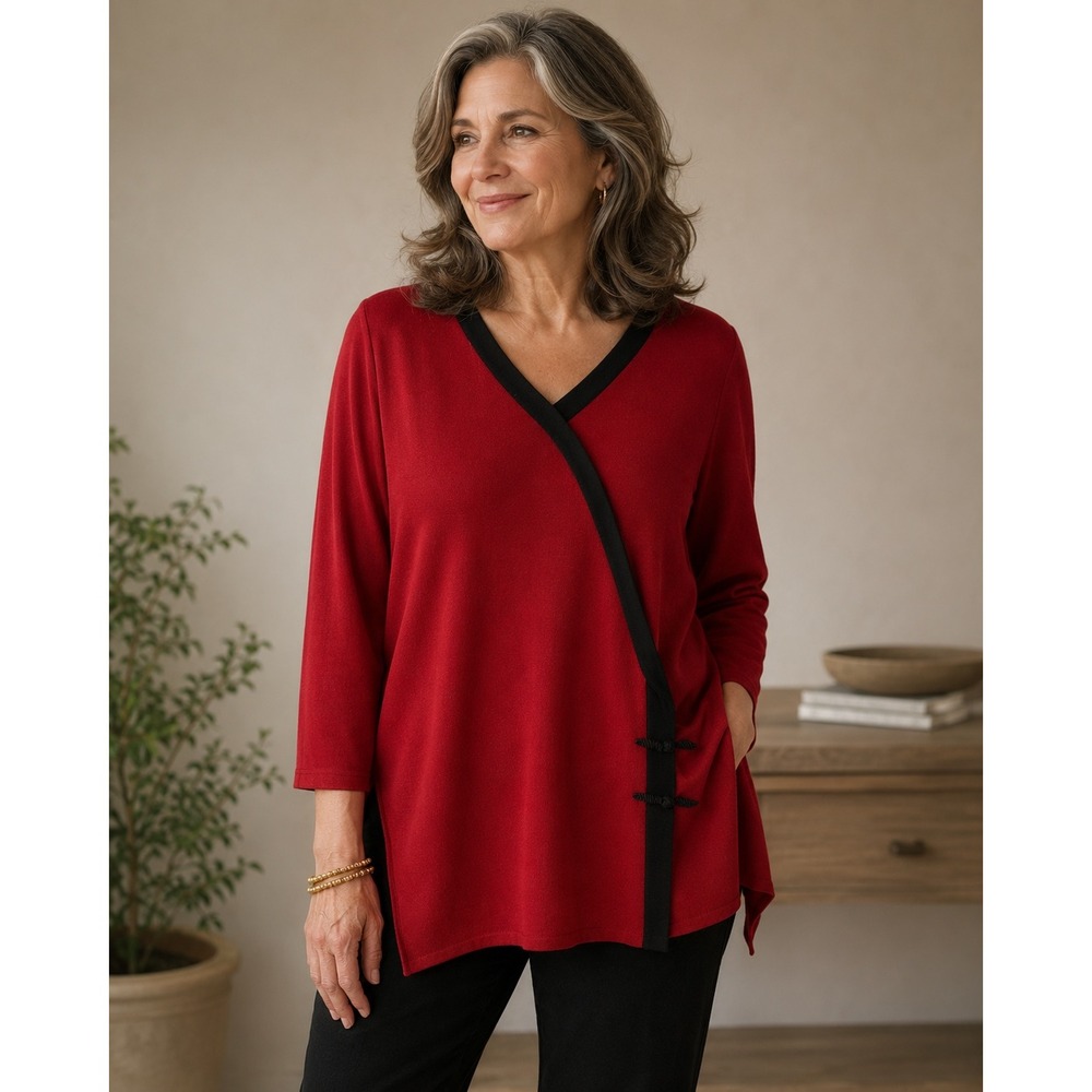 Exclusively‎ Misook Red Knit Faux Wrap Tunic Top Black Trim Womens S